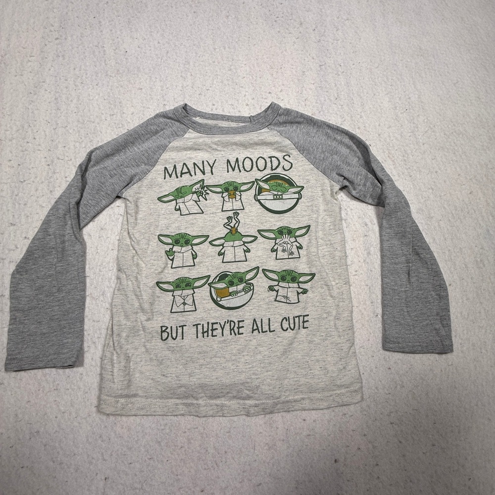 Star Wars Jumping Beans Baby Yoda Grogu Many Moods Raglan Shirt Kids 6 Grey